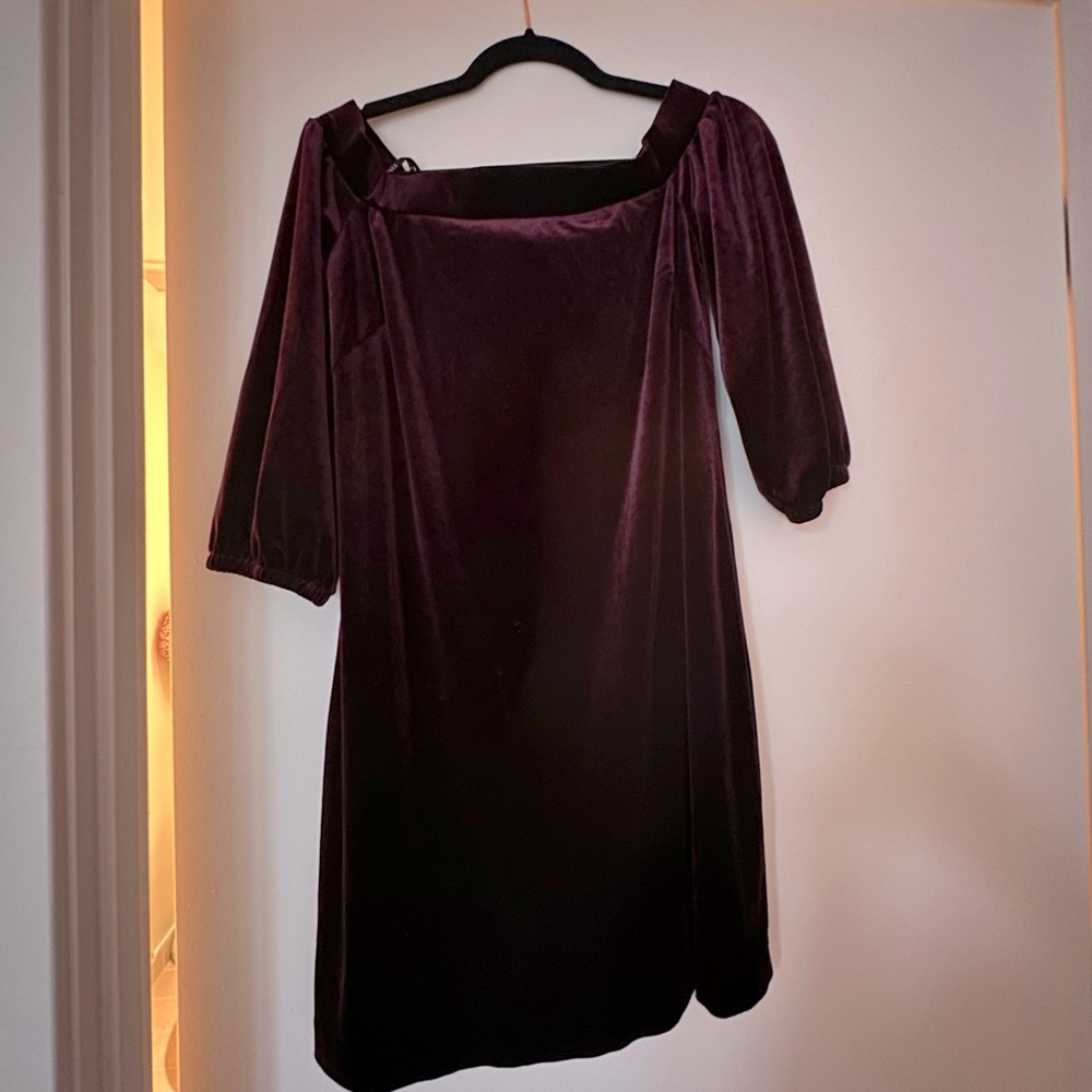 Plum velvet off the shoulder dress